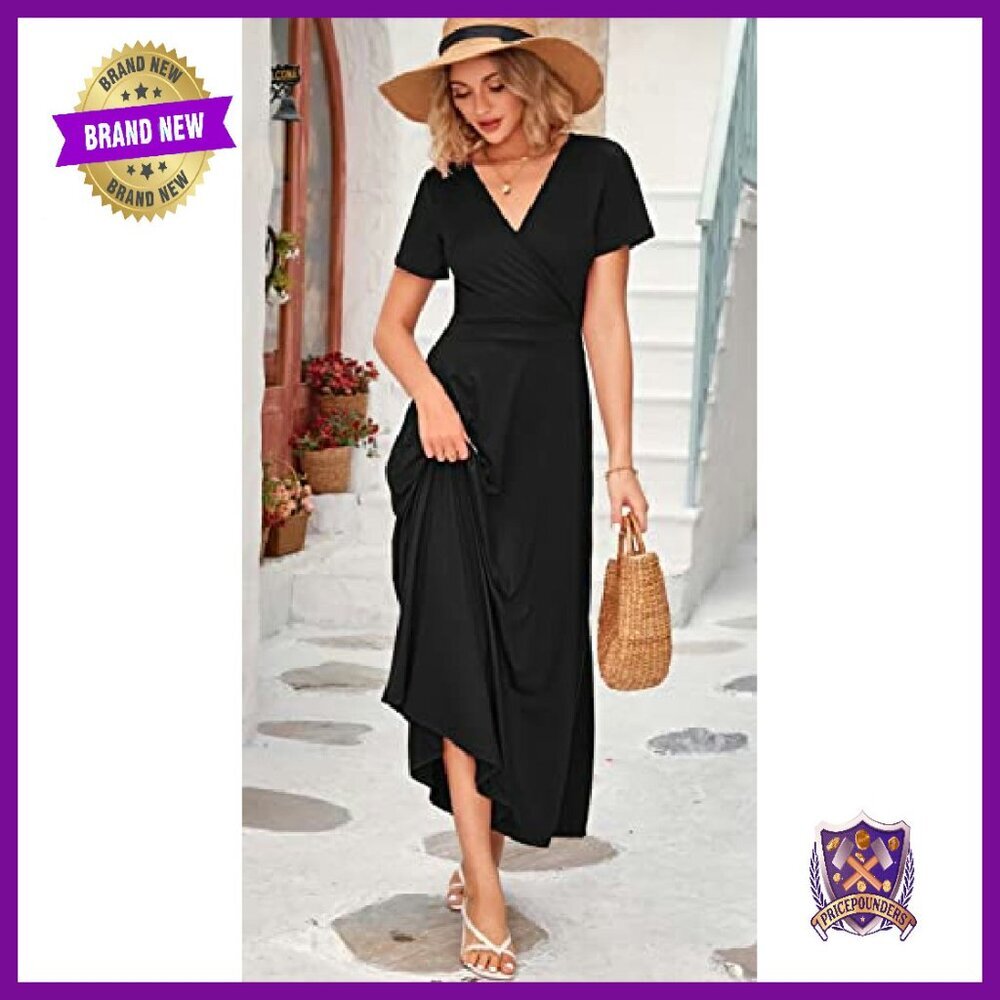 Women's Summer Maxi Dress Wrap V Neck Short Sleeves with Pockets - Picture 3 of 6